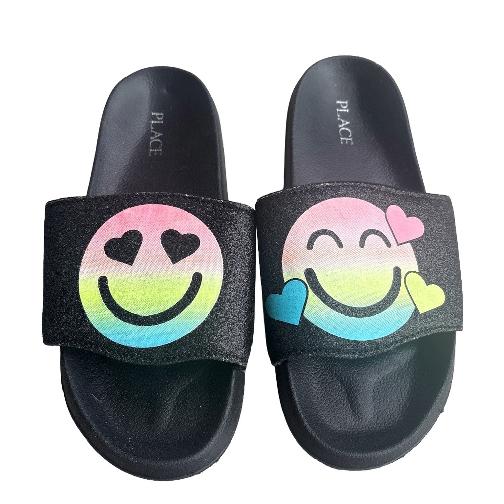 The Children’s Place Girls Black Slide Sandals Size 6 Rainbow Smiley Hearts